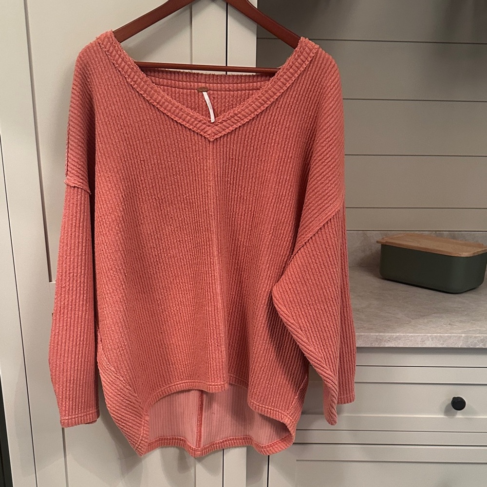 Free People V-Neck Ribbed Pullover - Orange/Coral